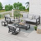 Outdoor Aluminum Patio Furniture Set 5 Piece, Swivel Rocking Chairs, All Weather Outdoor Aluminum Sofa, Patio Bistro Set for Patio, Porch, Deck(Silver Gray) 5Pcs Set/Rocking Swivel Chairs