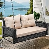 YITAHOME Wicker Hanging Porch Swing Chair 2-Seats Outdoor Black Rattan Patio Swing Lounge w/ 2 Back Cushions Capacity 530lbs for Garden, Balcony, Living Room, Beige Black Rattan Beige Cushion