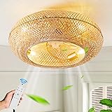 20' Boho Ceiling Fans with Lights and Remote Control,Rattan Caged Flush Mount Ceiling Fan with Light, Enclosed Timing 6 Speeds Reversible for Living Room Bedroom Dining Room 20 Inch Boho Rattan Caged Ceiling Fan