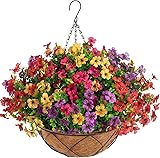 Artificial Faux Hanging Plants Flowers Basket for Fall, Colorful Daisy Flowers Eucalyptus UV Resistant Look Real for Outdoor Outside Porch Decoration Mixed Color