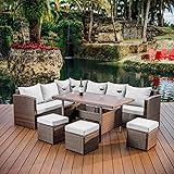 Nestl Wicker Outdoor Furniture Set - 7 Piece Patio Dining Set (Brown/Off White) Brown Frame/Off White Cushions