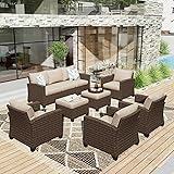 HERA'S HOUSE 7 Pieces Rattan Patio Furniture Set, 4 x Single Chair, 2 x Ottoman and 3-Seat Sofa with Cushions, 9 Seats Outdoor Wicker Sectional Conversation Set for Garden, Poolside, Backyard 7 Pieces Set Beige 9 Seats