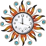 Sun Outdoor Clock with Thermometer and Hygrometer Combo, Silent No-Ticking Outdoor Wall Clock, Waterproof Quartz Clock for Patio, Living Room, Kitchen, Garden, 13 Inch Orange-sun