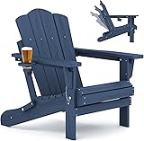 KINGYES Folding Adjustable Adirondack Chair, HDPE Reclining Adirondack Chair with Cup Holder, All Weather Use Oversize Adirondack Outdoor Chair, Blue Embossing Blue