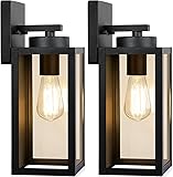 Outdoor Wall Light Fixtures, Exterior Waterproof Lanterns, Porch Sconces Wall Mounted Lighting with E26 Sockets & Glass Shades, Modern Matte Black Wall Lamps for Patio Front Door Entryway, 2-Pack Black 12.8inch