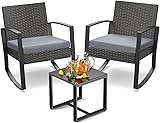 3 Piece Wicker Patio Furniture Set, Outdoor Rocking Chairs, Outdoor Furniture with Table & Cushions, Patio Chairs Balcony Porch Furniture, Gray Grey