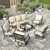 HERA'S HOUSE 7 Piece Patio Furniture Set, 2 x Swivel Chair, 2 x Fixed Chair, 2 x Ottoman, 1 x 3-Seat Sofa, All Cushioned Outdoor Conversation Set for Lawn Garden Backyard 9 Seats Beige Leg Chair + Swivel Chair