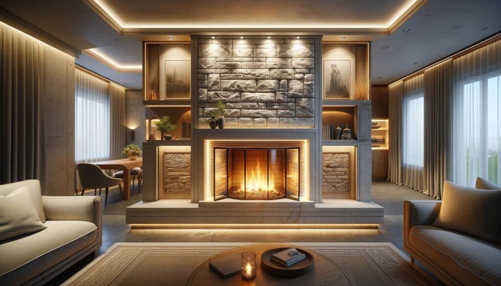 A 1970s stone fireplace upgraded with lighting and material enhancements