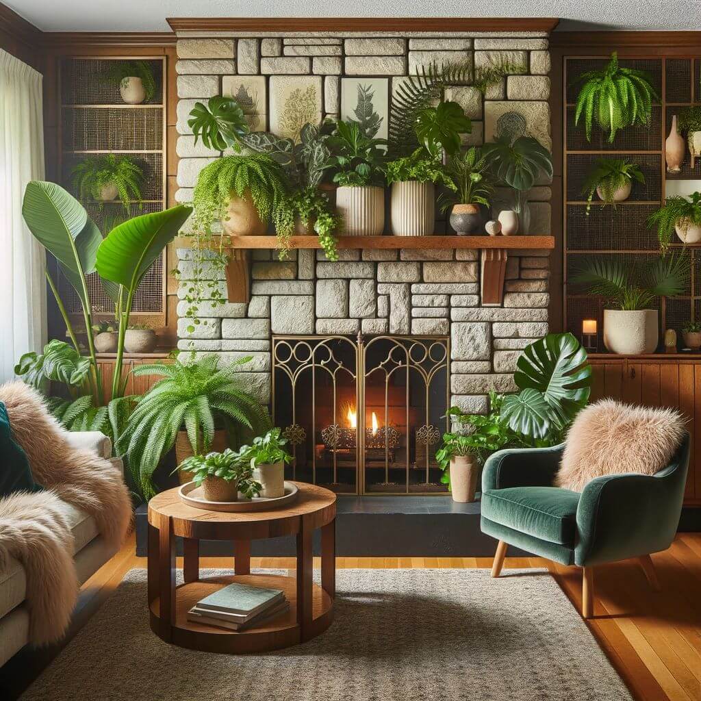 A Renovated 1970s stone fireplace Adding elements like plants, a seating nook