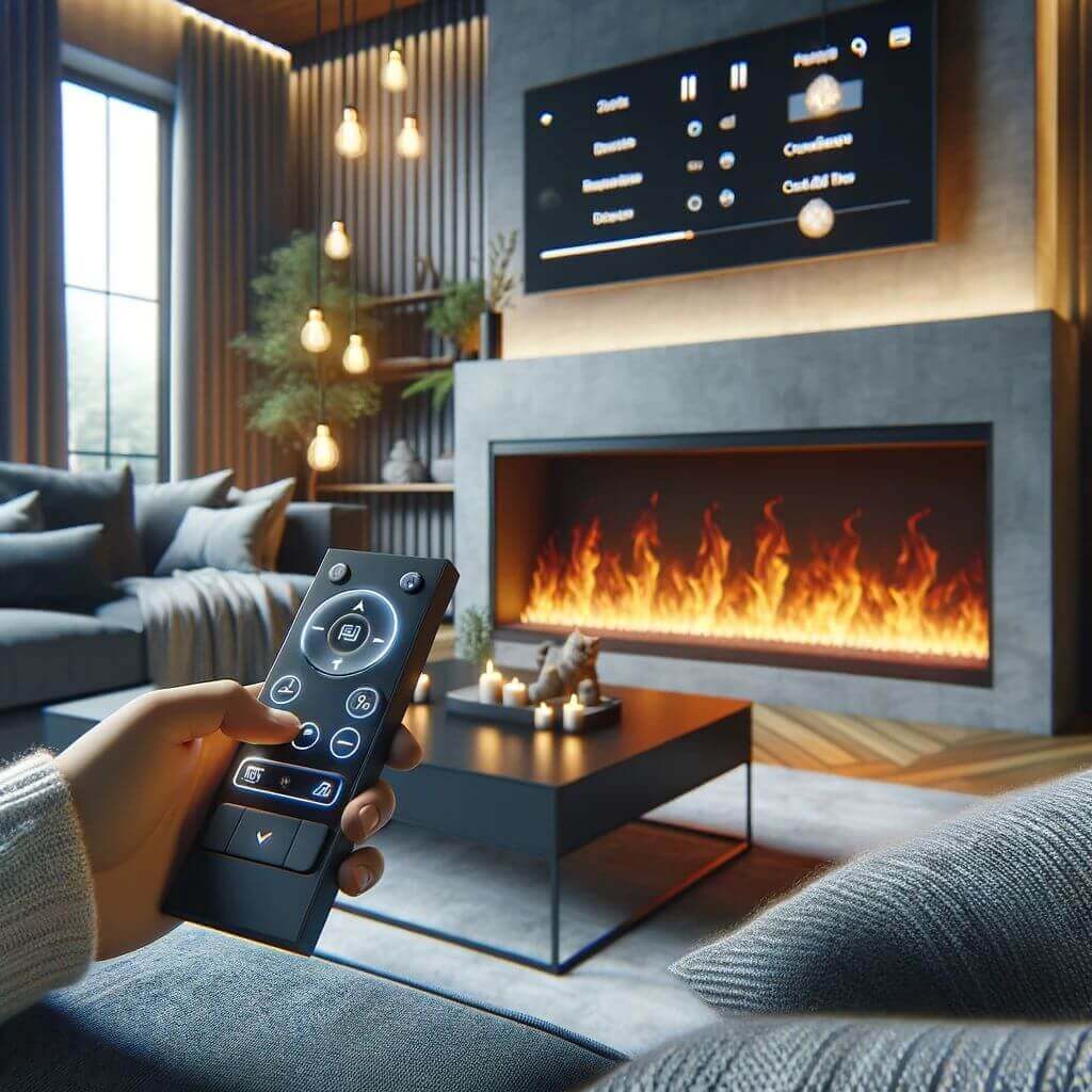 A modern living space with a remote-controlled fireplace highlighting the ease of adjusting settings for the perfect cozy atmosphere.