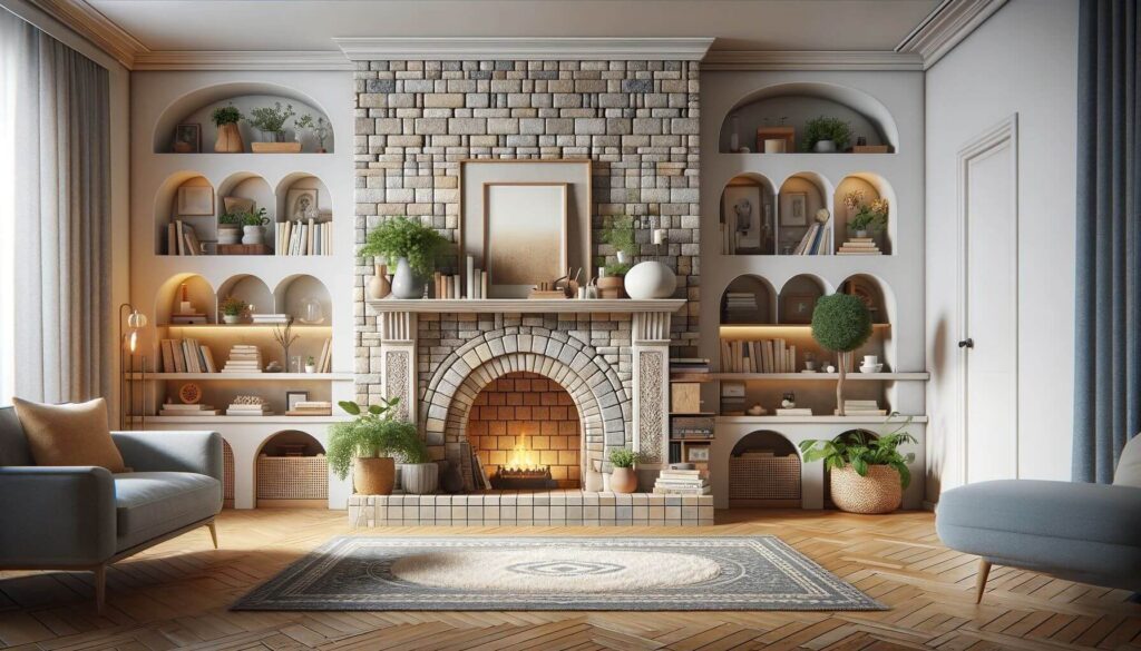 A old 1970s stone fireplace upgraded with decorative additions like built-in shelving and tiles
