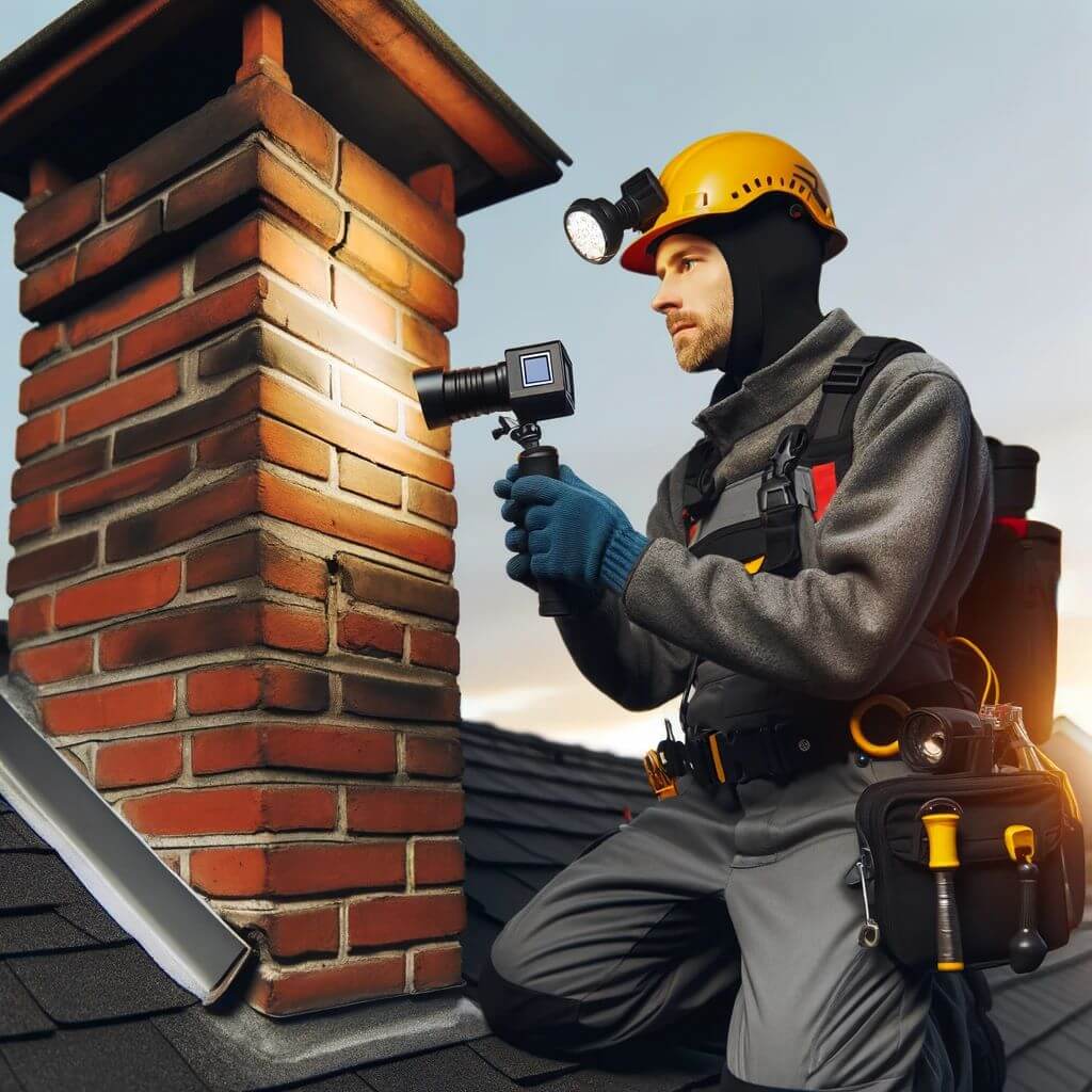 A professional chimney technician inspecting a residential chimney - Chimney Sweep Arlington Tx technician is using advanced tools