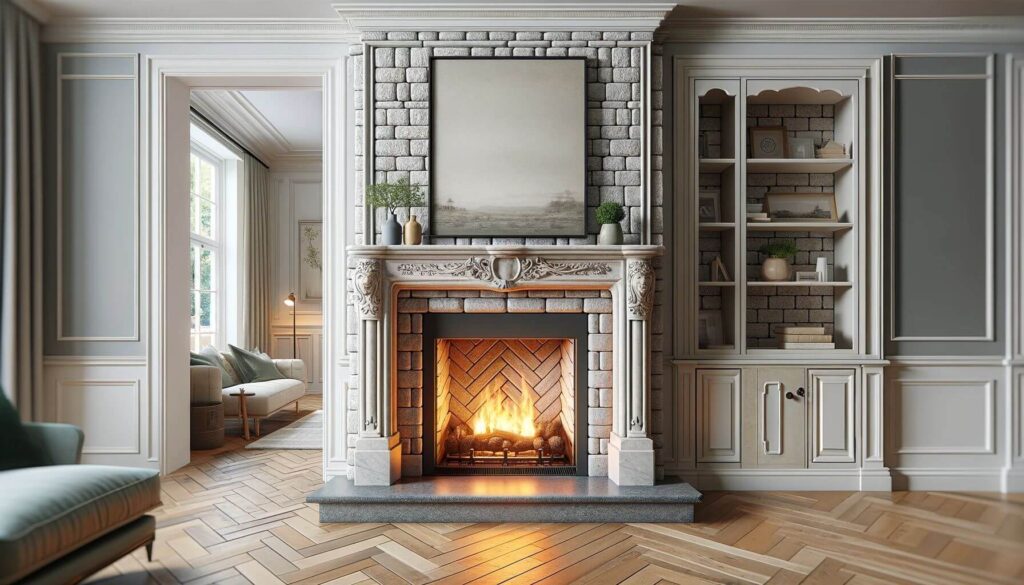An elegantly updated 1970s stone fireplace with a modernized firebox and a herringbone interior