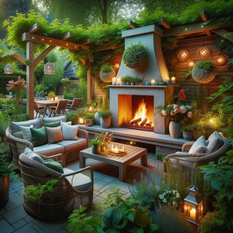 Cozy-outdoor-fireplace-in-a-garden-or-patio-setting-surrounded-by-comfortable-seating-and-ambient-outdoor-lighting