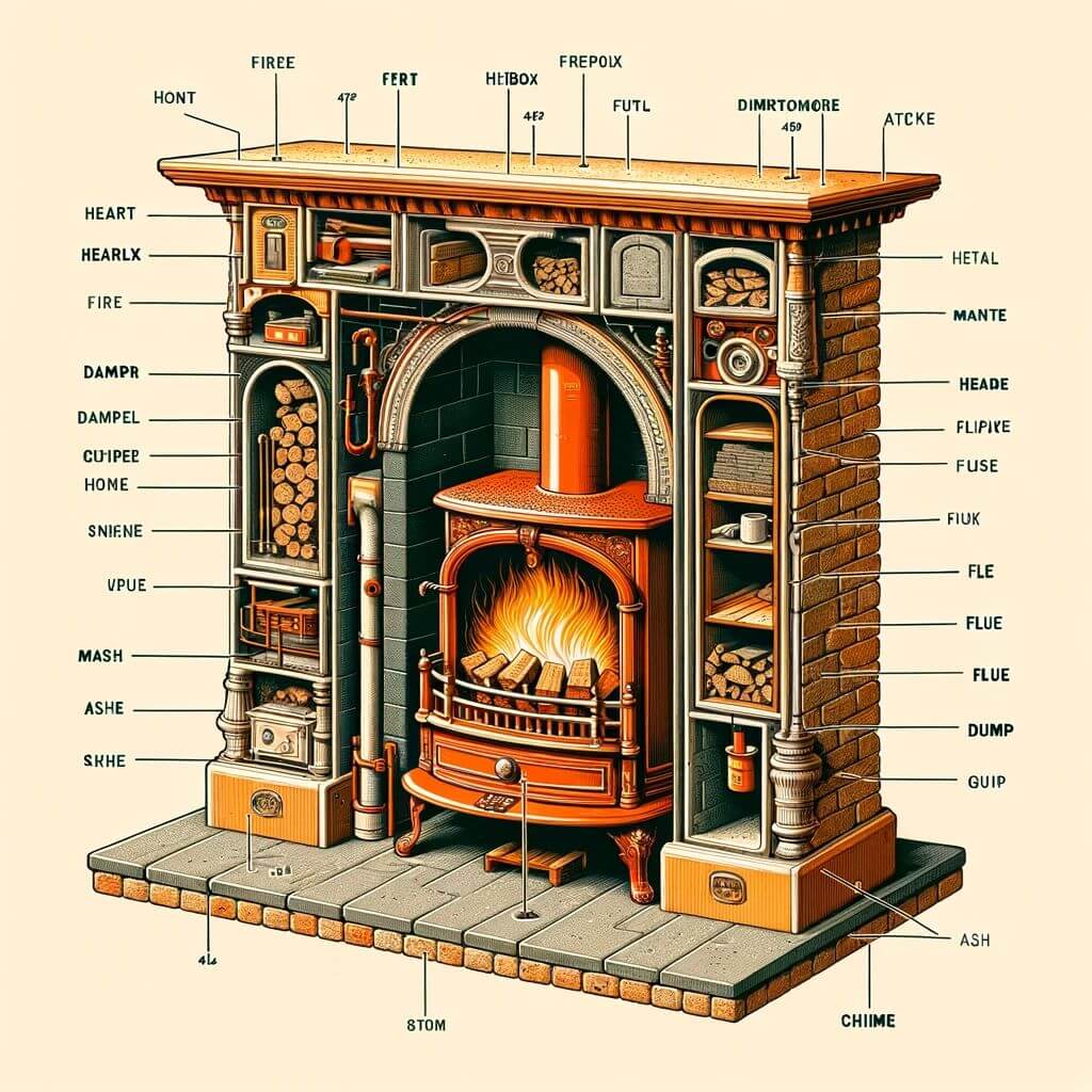 Different parts of a traditional fireplace in a cutaway view