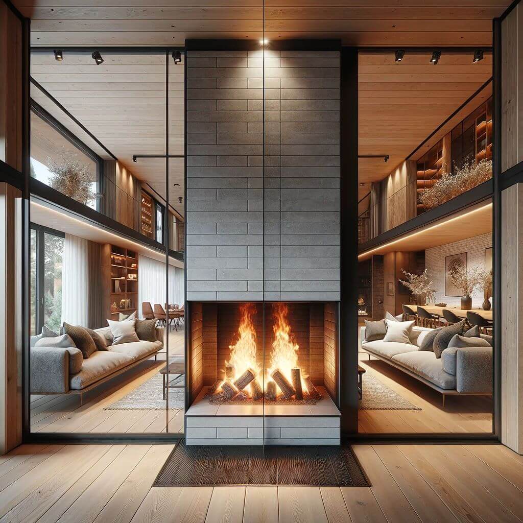 A double-sided fireplace set between two rooms visible and accessible from both sides enhancing the open-concept design.
