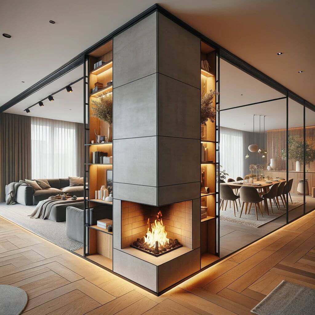 Fireplace is used as a room divider