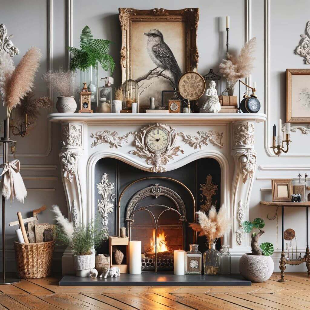Fireplace with a distinctive mantel, decorated with personal items and stylish accessories reflecting the homeowner's personal taste.