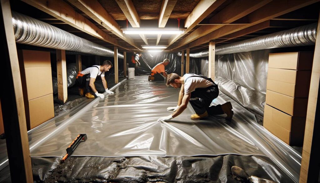 Installation of a vapor barrier in a crawl space - crawl space encapsulation near me crawl space repair