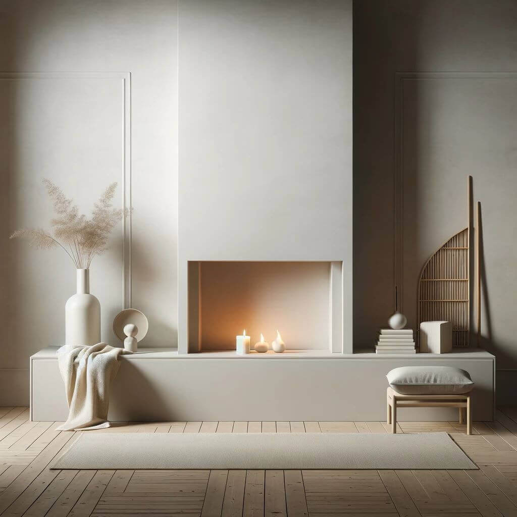 A minimalist fireplace with a simple elegant design set in a tranquil room that emphasizes comfort and simplicity.