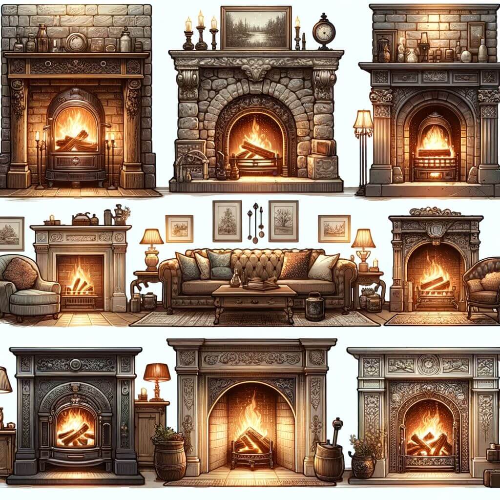 Traditional wood-burning fireplaces in various styles