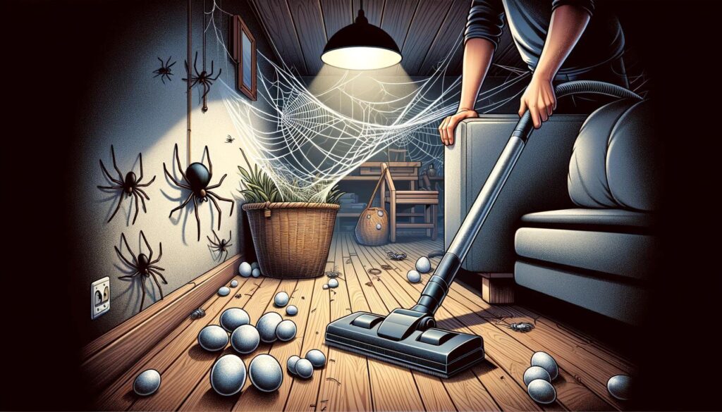 Vacuuming regularly to remove webs and eggs as a method to get rid of spiders in a basement