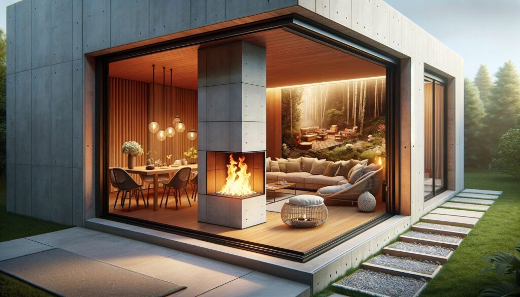  image illustrating an outdoor-indoor integrated fireplace