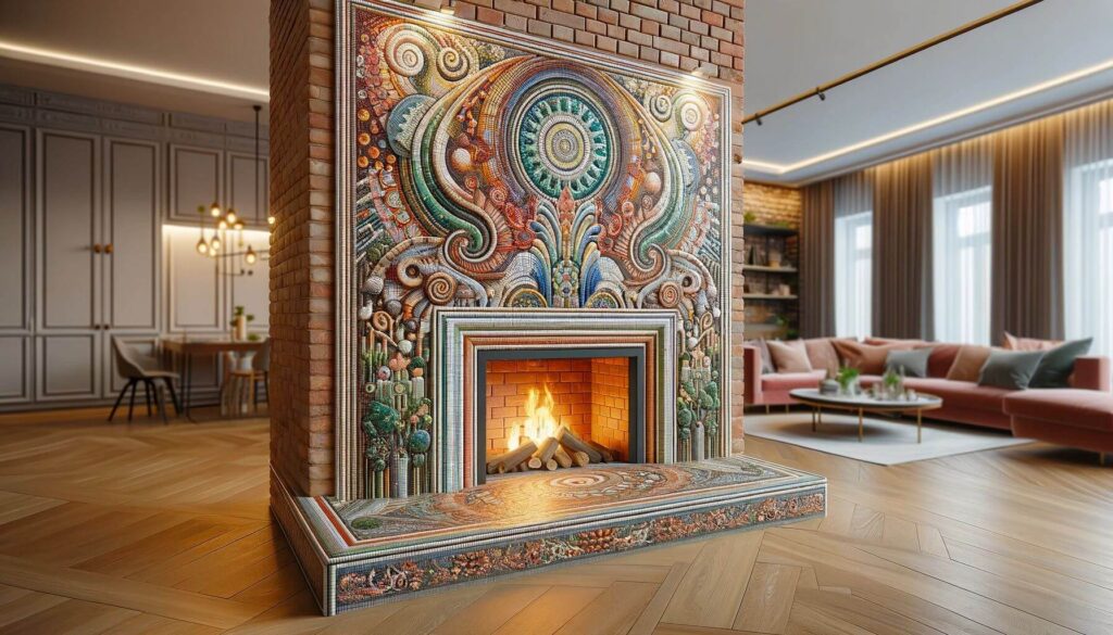1970s brick fireplace transformed with an intricate mosaic design