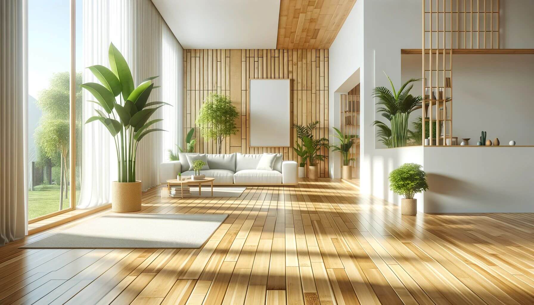 Bamboo Flooring in a Modern Living Room as an eco-friendly building materials