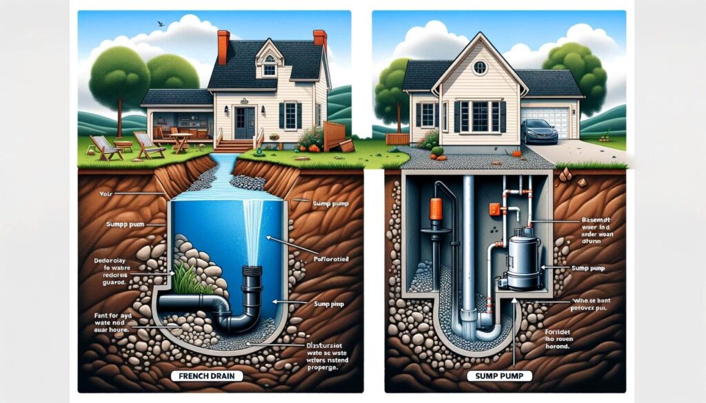 French Drain vs Sump Pump cross-sectional view