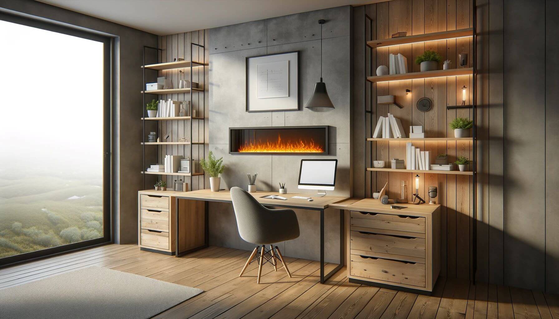 Home Office with Electric Energy-Efficient Fireplace