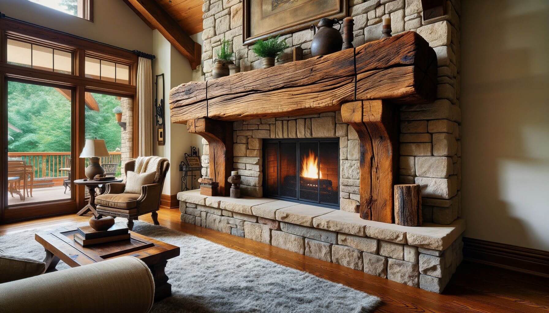Installing a rustic wood beam as a mantel on a 1970s stone fireplace