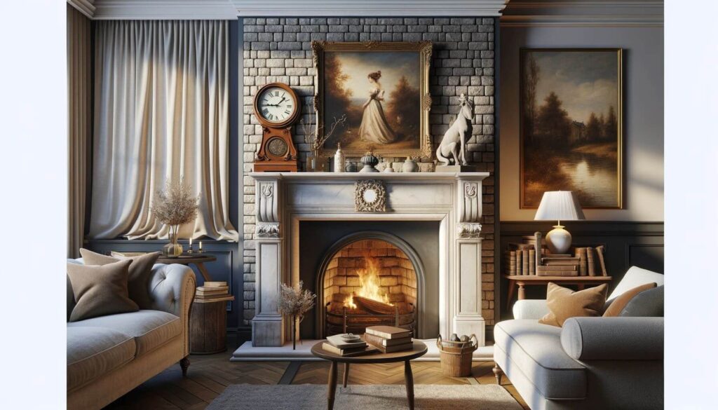 Old stone fireplace enhanced with a mantel clock or artwork