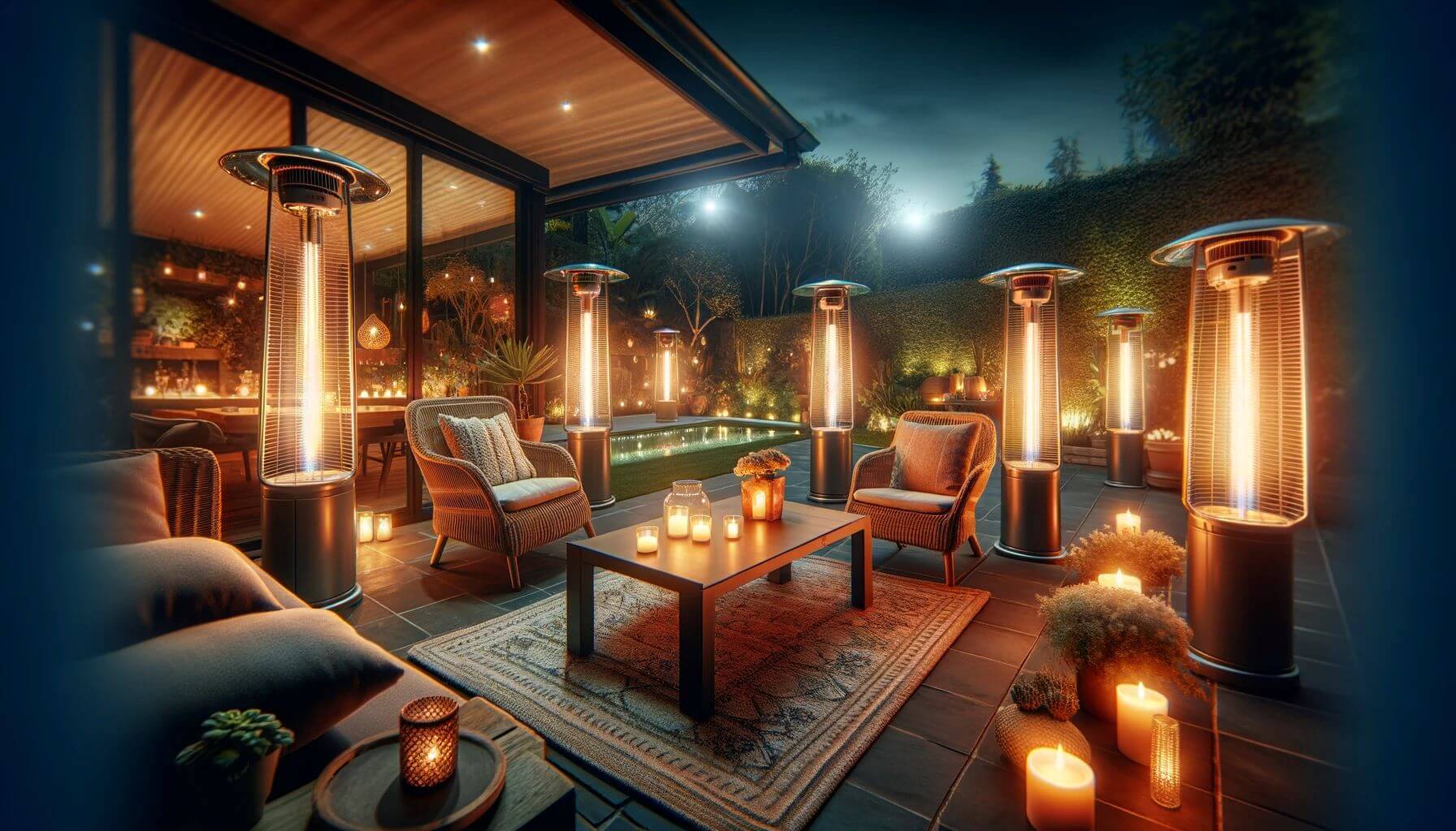 Patio set up with infrared heater to enhance patios space