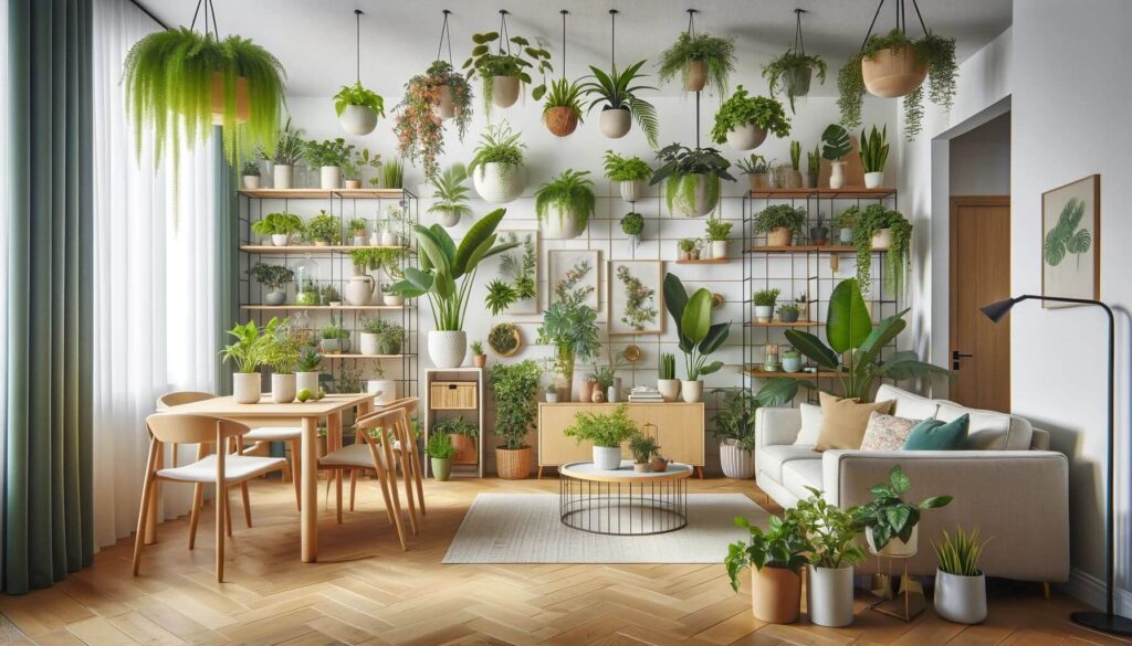 Small living-dining room combo enriched with the addition of plants to divide and decorate the space
