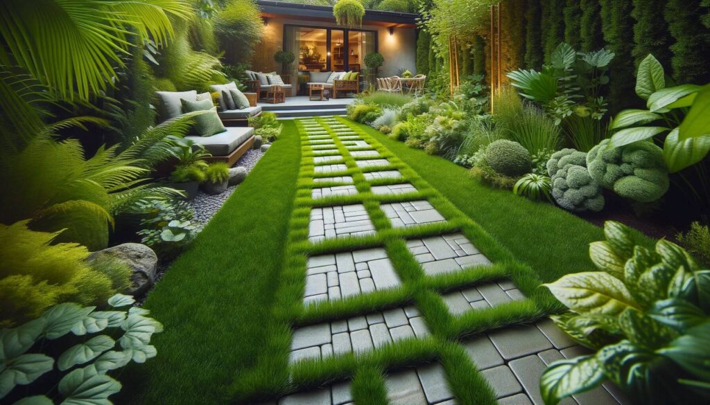 Waterproof designs Charming backyard pathway with concrete pavers and grass joints