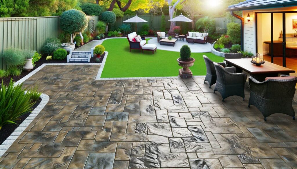beautifully landscaped backyard with stamped concrete flooring