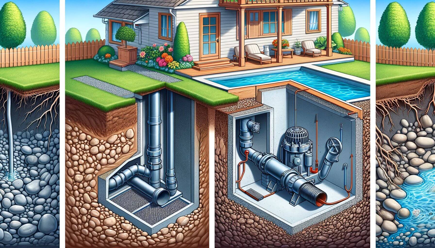 Comparison between a French Drain and a Sump Pump in a residential setting