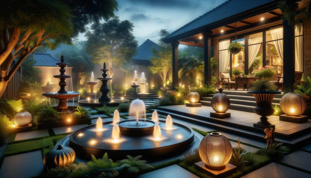 A beautiful and serene patio garden setting at dusk How To Make Your Outdoor 25 Patio Water Fountain Design