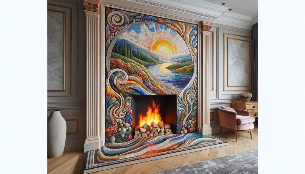 A bespoke mosaic tile art hearth where each tile contributes to a larger breathtaking work of art