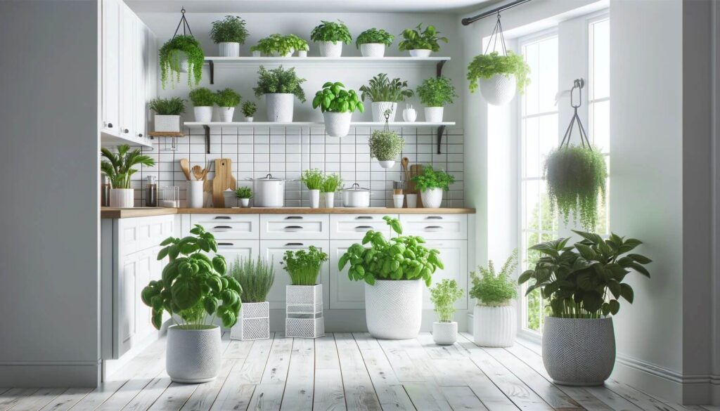 A bright all-white kitchen that has been enlivened with the addition of a lush kitchen herb garden