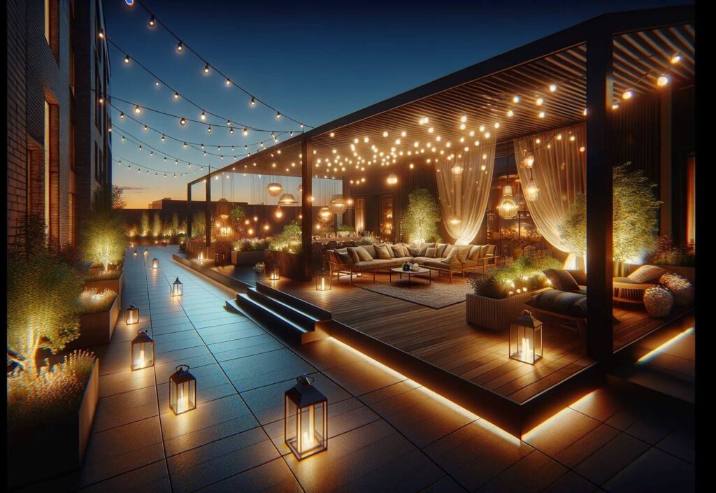A captivating rooftop retreat at dusk, illuminated by a sophisticated lighting