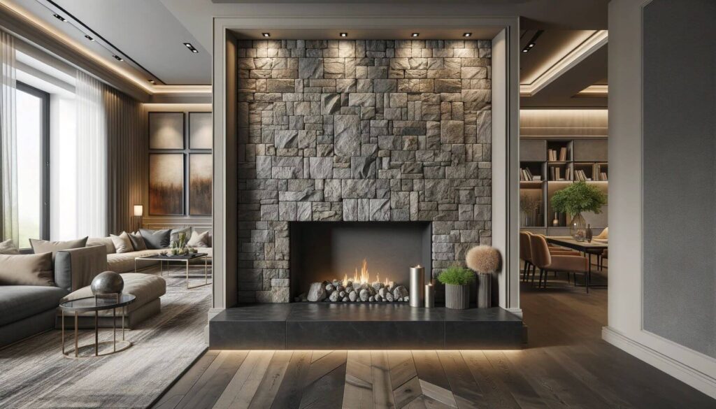A contemporary space faux stone veneer around the hearth