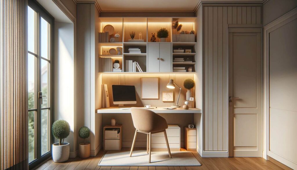 A cozy corner setup a compact desk snugly fitted