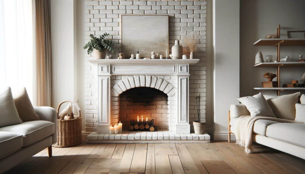 A cozy fireplace with a whitewashed brick surround