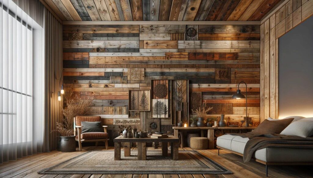 A cozy interior walls adorned with reclaimed wood panels