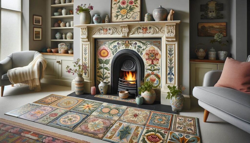 A cozy living room fireplace with painted hearth tiles