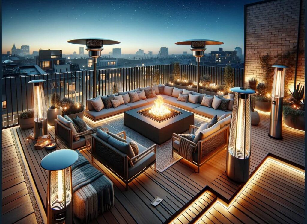 A cozy rooftop patio with a fire pit and outdoor heaters