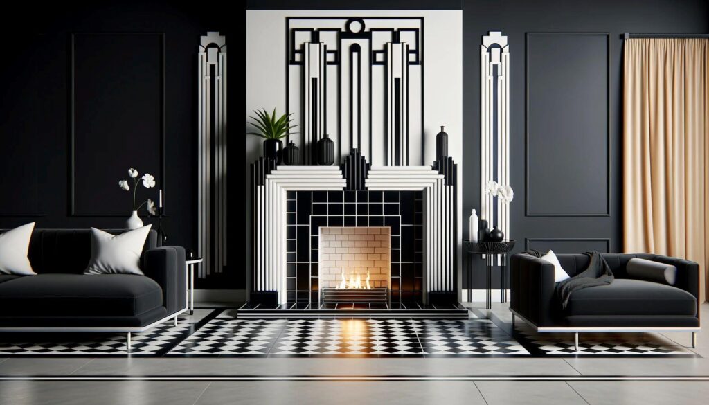 A deco-inspired black and white hearth