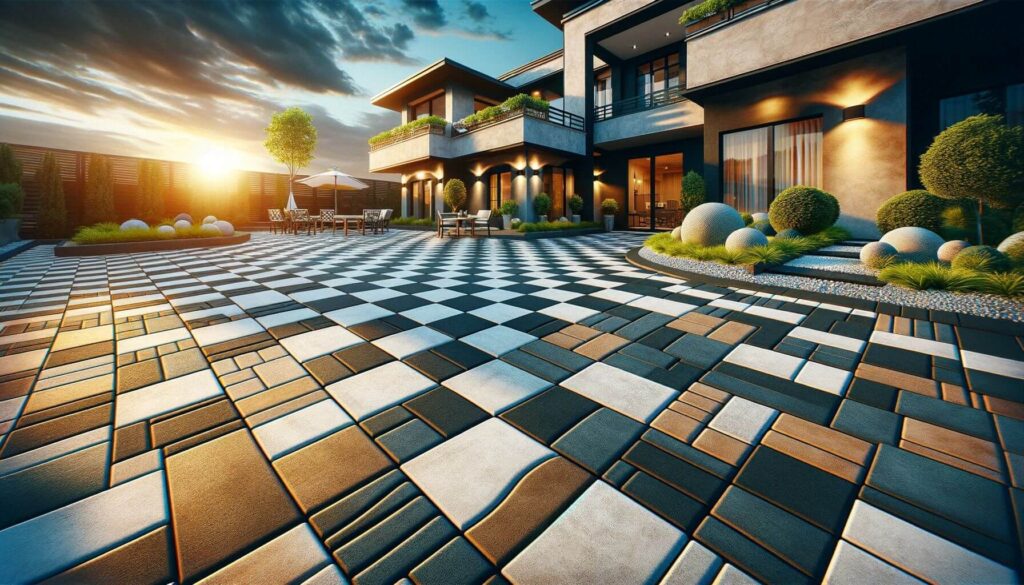 A dynamic and visually striking paver patio checkerboard design idea